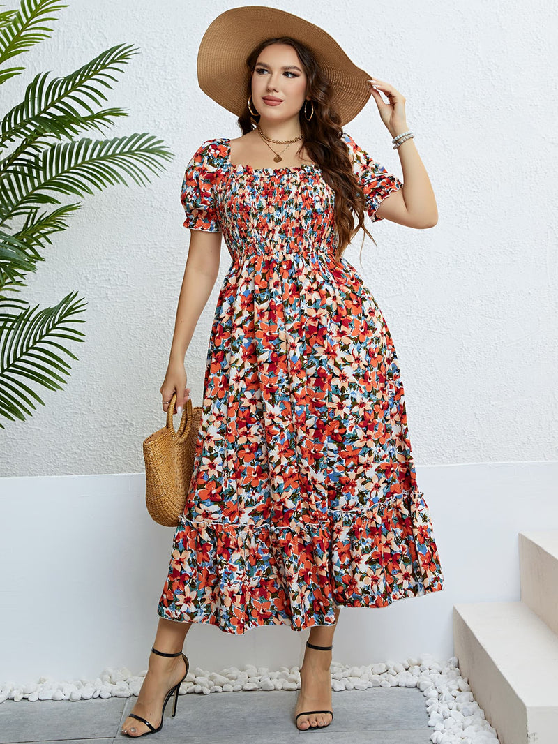 Reyna Plus Size Floral Smocked Square Neck Dress