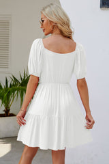 Judith Ruched Square Neck Puff Sleeve Mini Dress