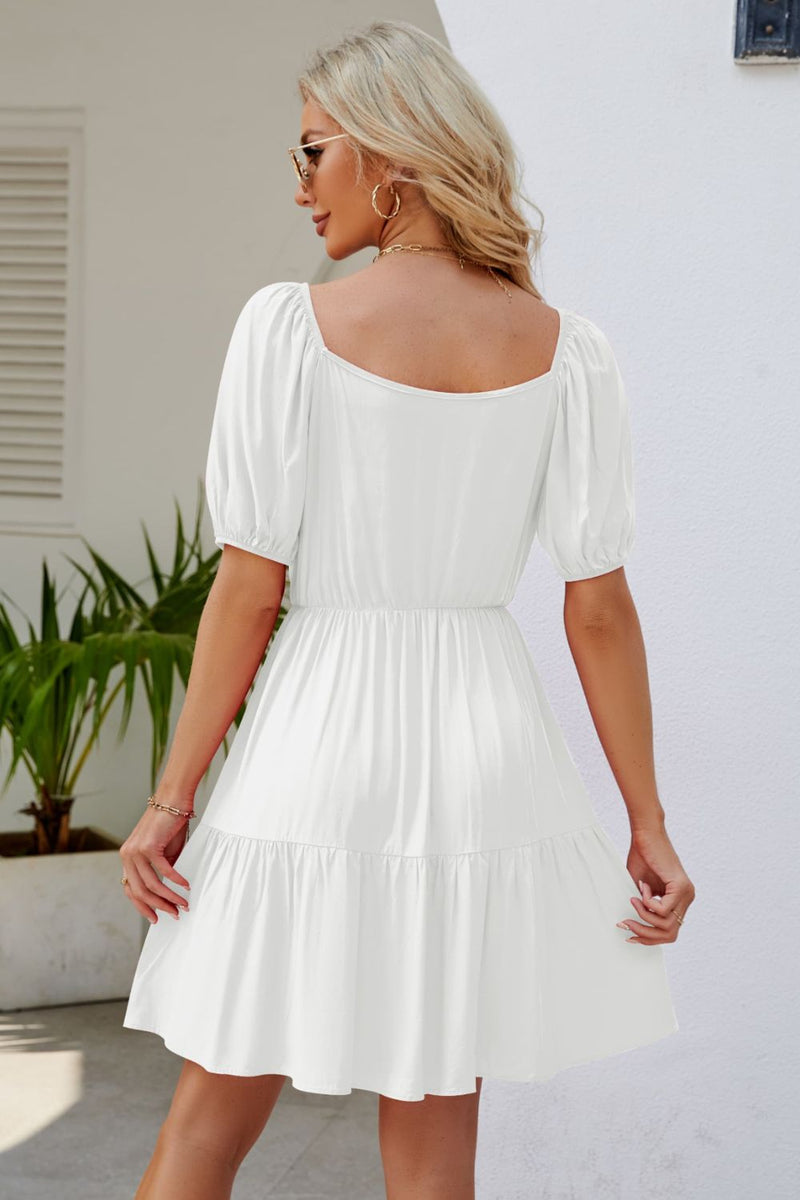 Judith Ruched Square Neck Puff Sleeve Mini Dress