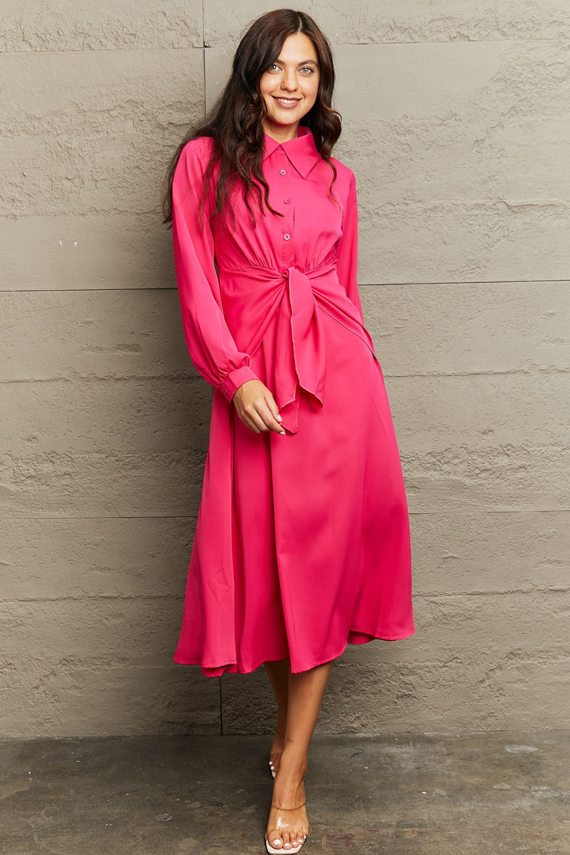 Opal Collared Neck Long Sleeve Twisted Midi Dress