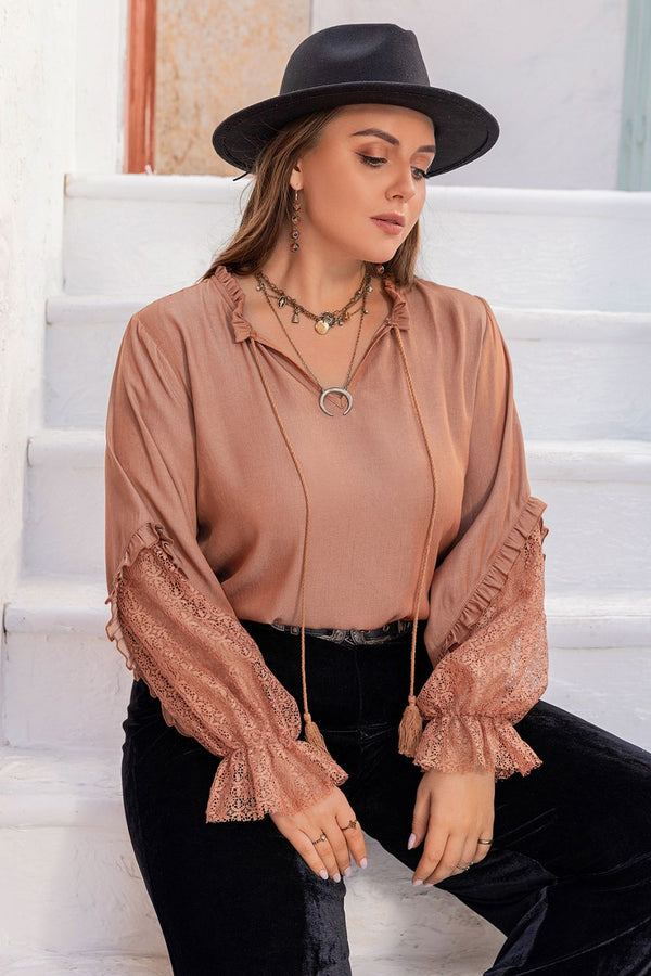 Alivia Plus Size Tie Neck Flounce Sleeve Blouse