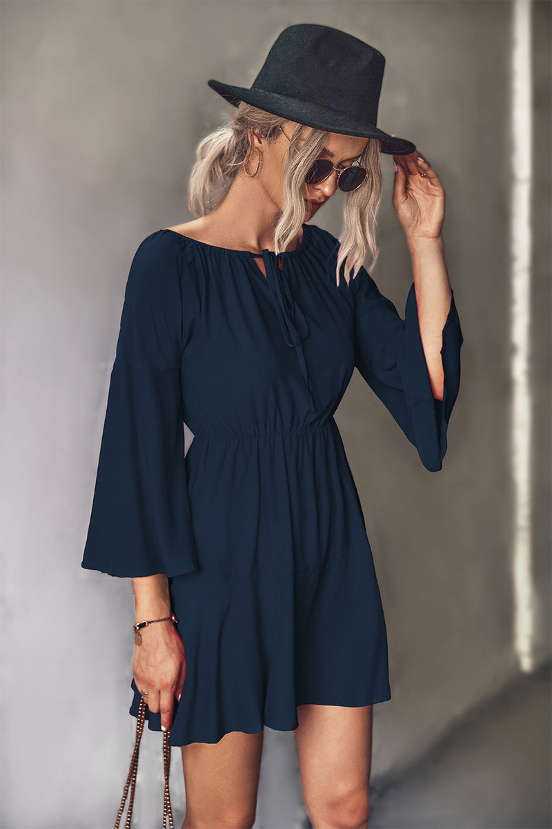 Irene Tie Neck Flare Sleeve Mini Dress