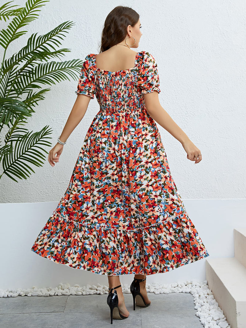 Reyna Plus Size Floral Smocked Square Neck Dress