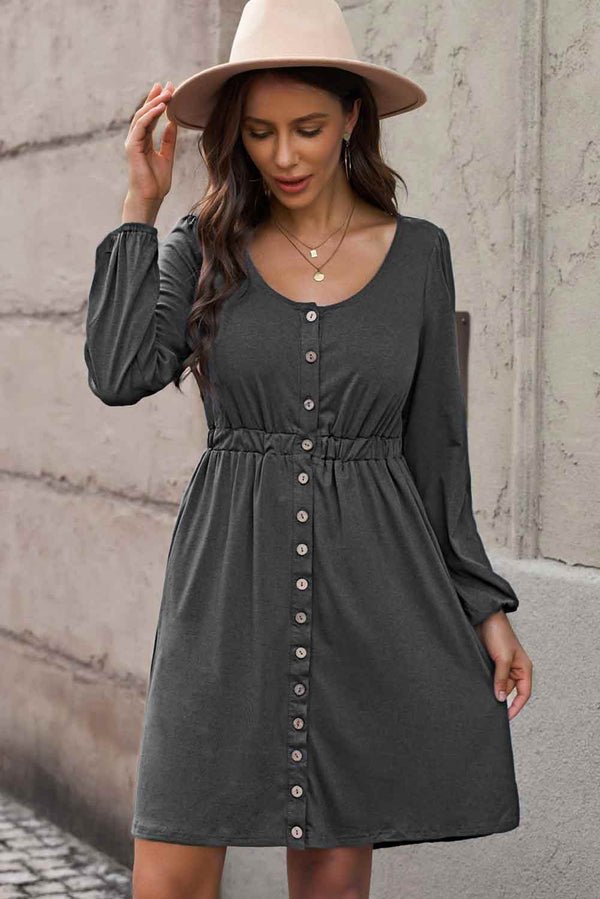 Darcy Plus Size Button Front Elastic Waist Long Sleeve Dress