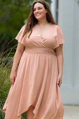 Leslie Plus Size Wide Waistband Surplice Neck Flutter Sleeve Midi Dress