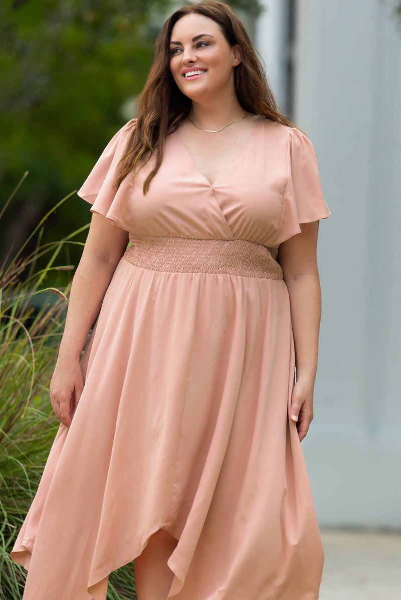 Leslie Plus Size Wide Waistband Surplice Neck Flutter Sleeve Midi Dress
