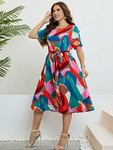 Mara Plus Size Printed Round Neck Tie Belt Dress
