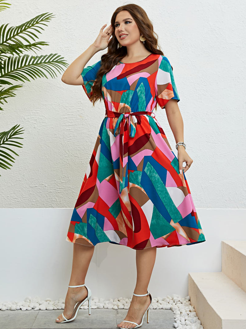 Mara Plus Size Printed Round Neck Tie Belt Dress