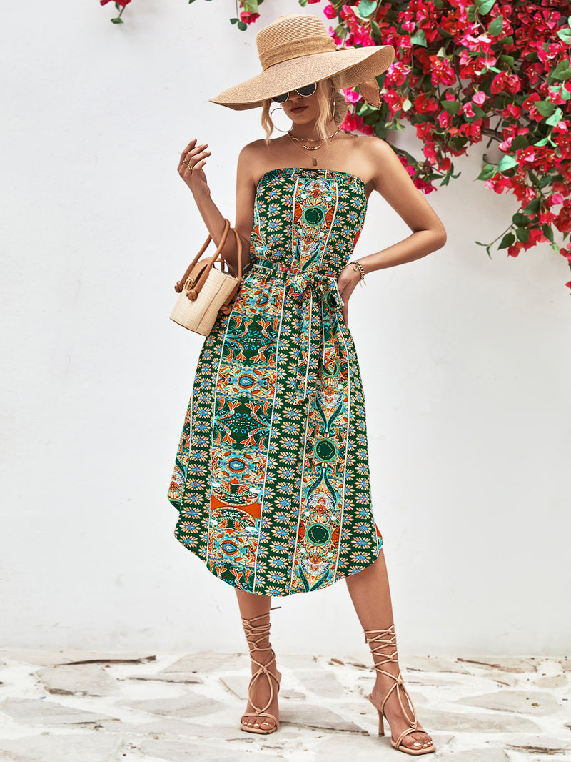 Tiana Printed Strapless Tie Belt Dress