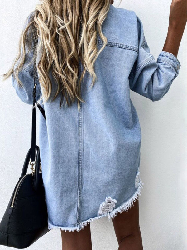 Ocean Raw Hem Collared Neck Long Sleeve Denim Jacket