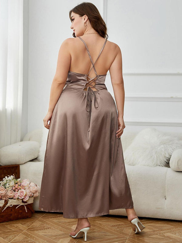 Abby Plus Size Lace-Up Spaghetti Strap Split Night Dress