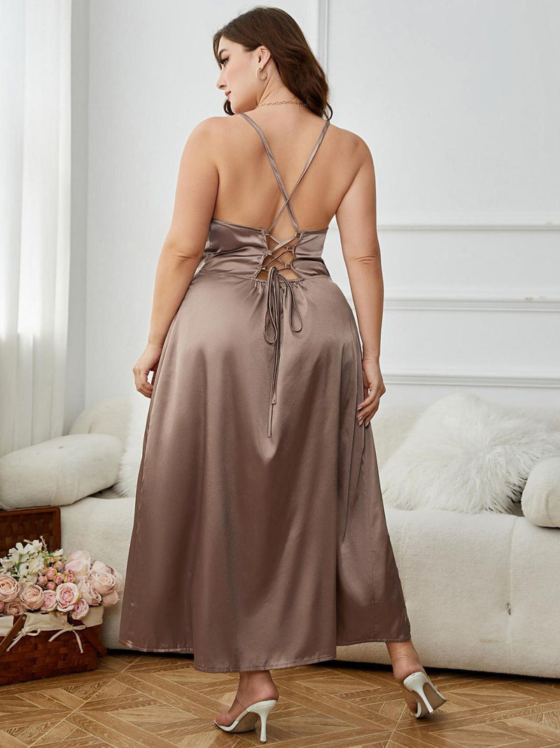 Abby Plus Size Lace-Up Spaghetti Strap Split Night Dress