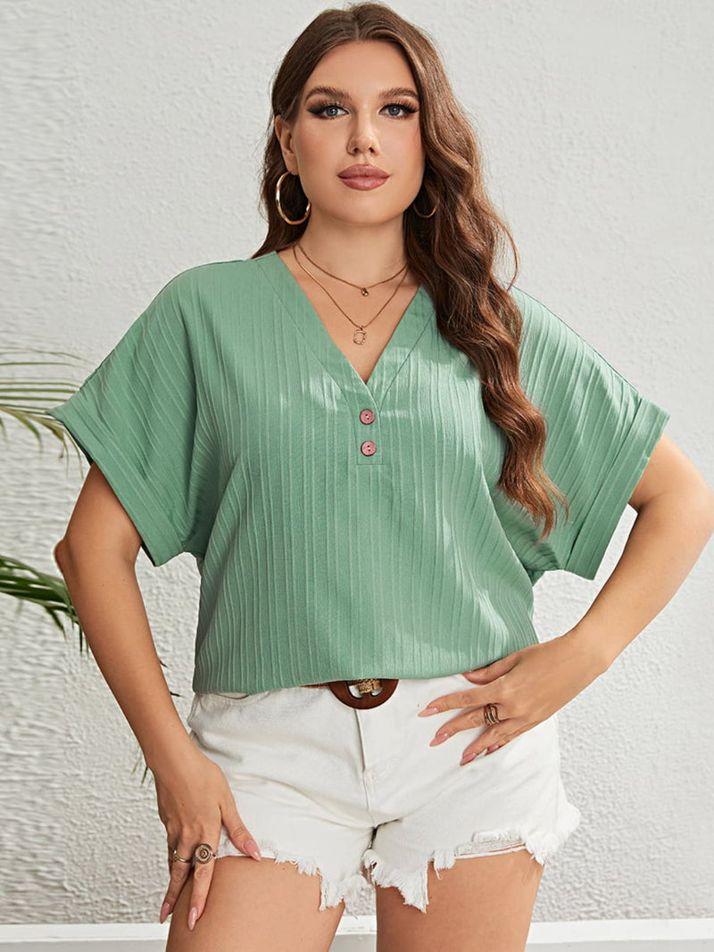 Rosalind Plus Size Buttoned V-Neck Short Sleeve Top