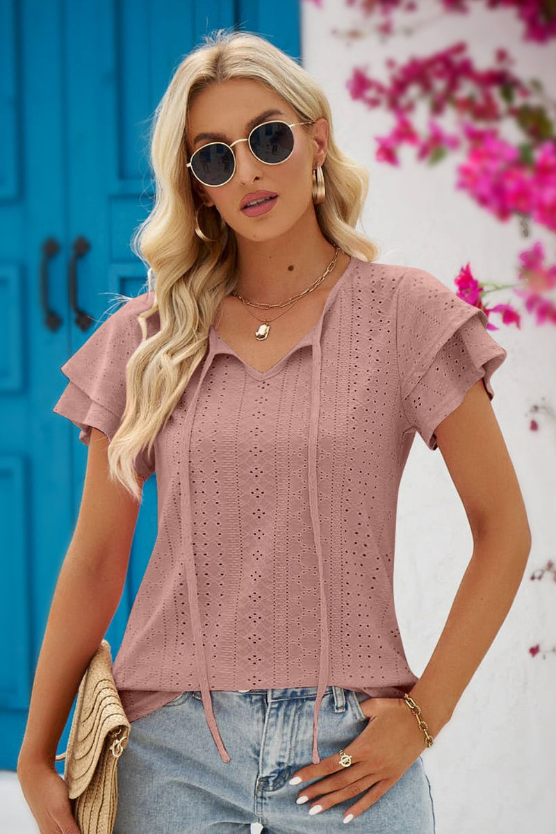Beatrix Tie-Neck Flutter Sleeve Blouse