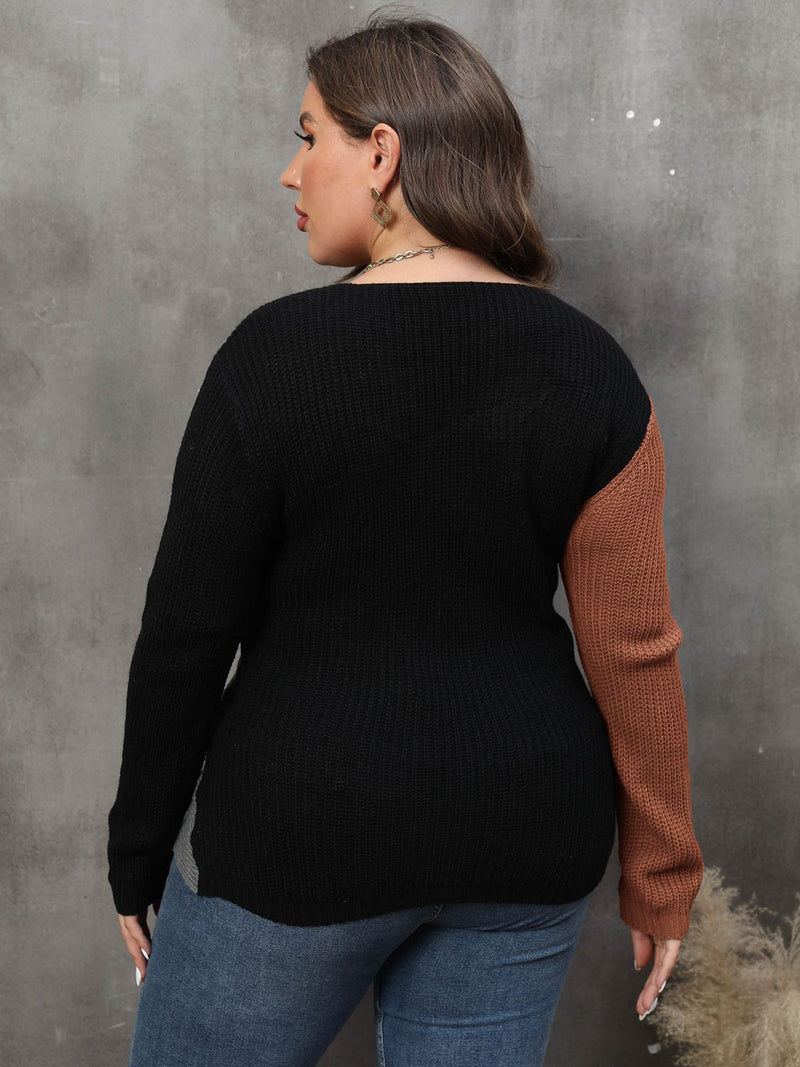 Winter Plus Size Two-Tone Surplice Neck Sweater