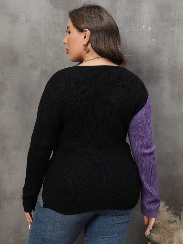 Winter Plus Size Two-Tone Surplice Neck Sweater