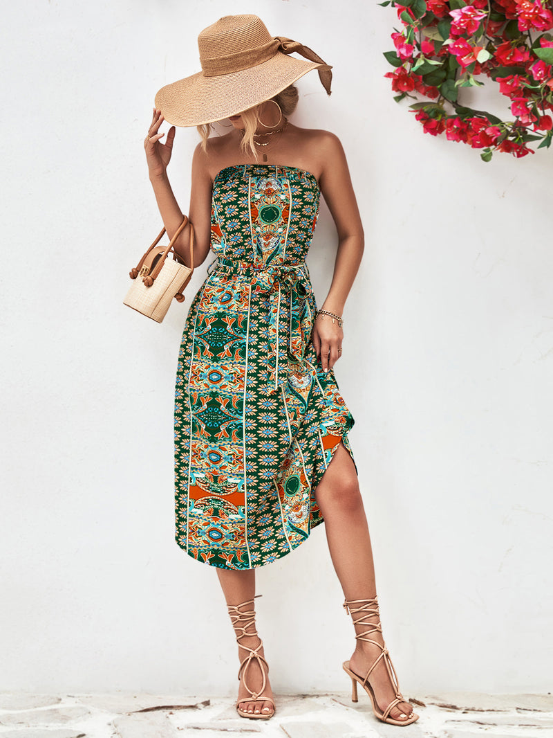 Tiana Printed Strapless Tie Belt Dress