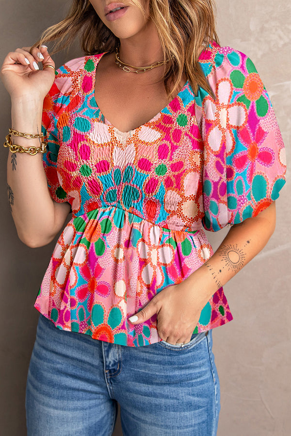 Aubrey Printed V-Neck Babydoll Blouse