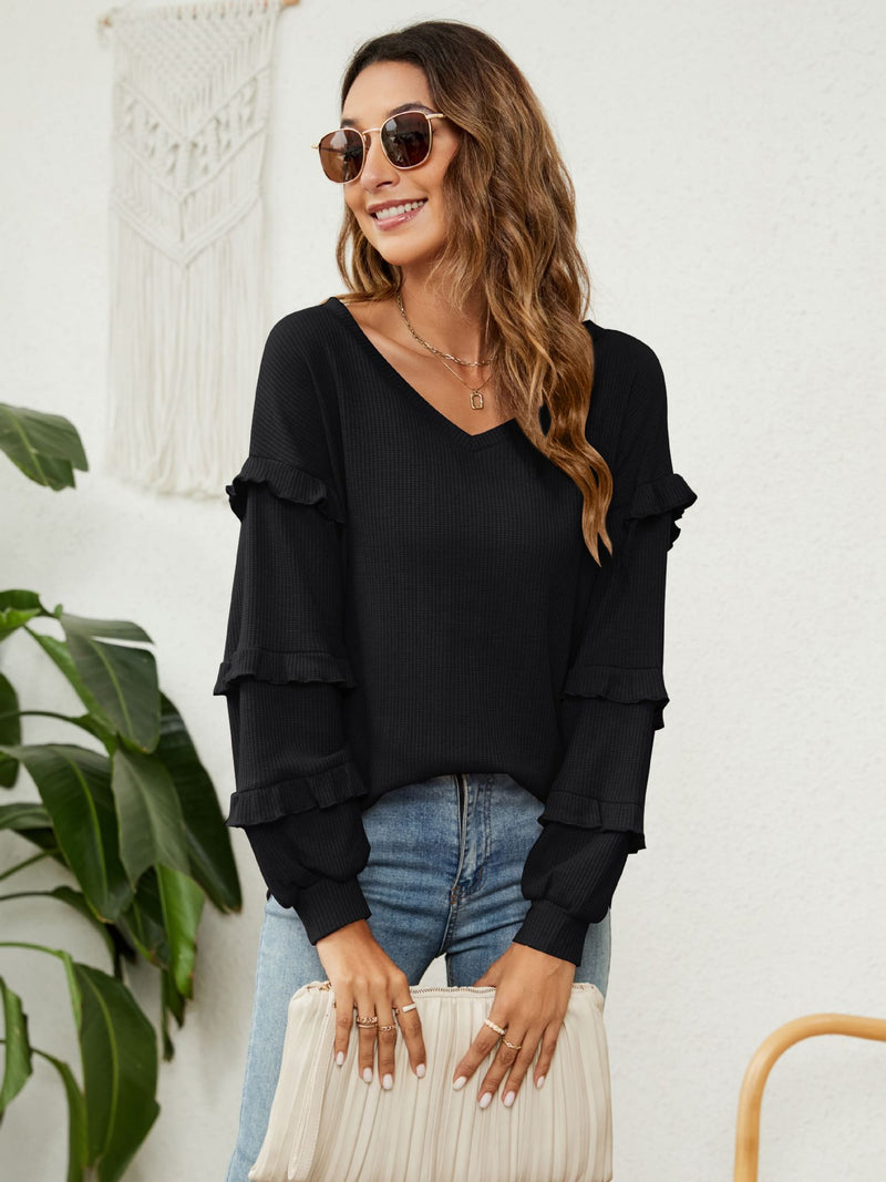 Kara Ruffle Trim V-Neck Long Sleeve T-Shirt