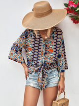 Jordan Tie Hem V-Neck Three-Quarter Sleeve Blouse