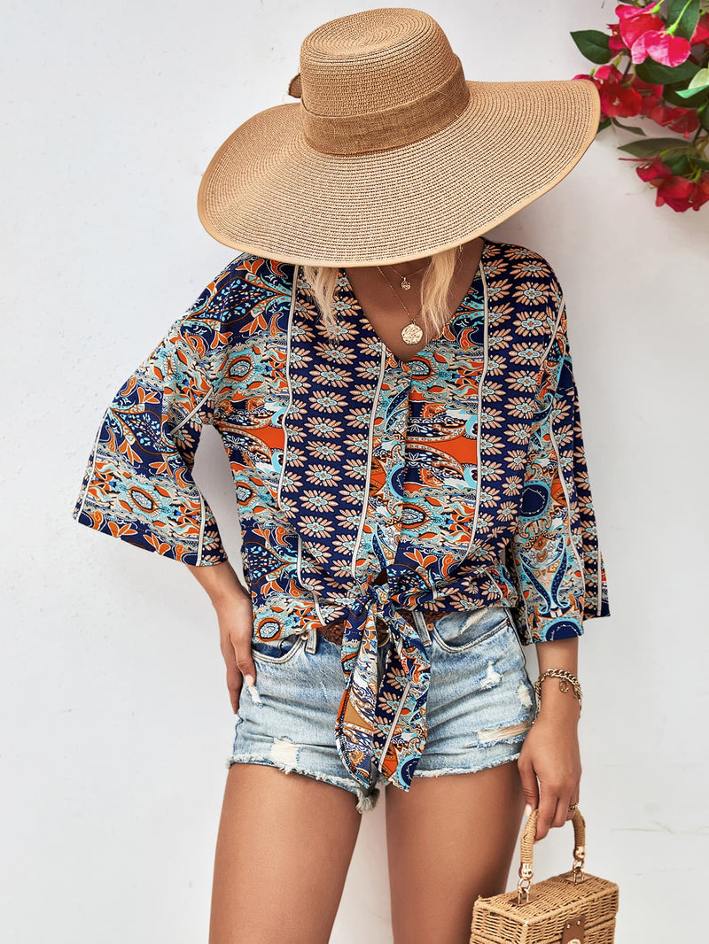 Jordan Tie Hem V-Neck Three-Quarter Sleeve Blouse