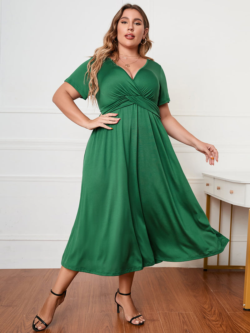 Melina Plus Size Short Sleeve Surplice Neck Midi Dress