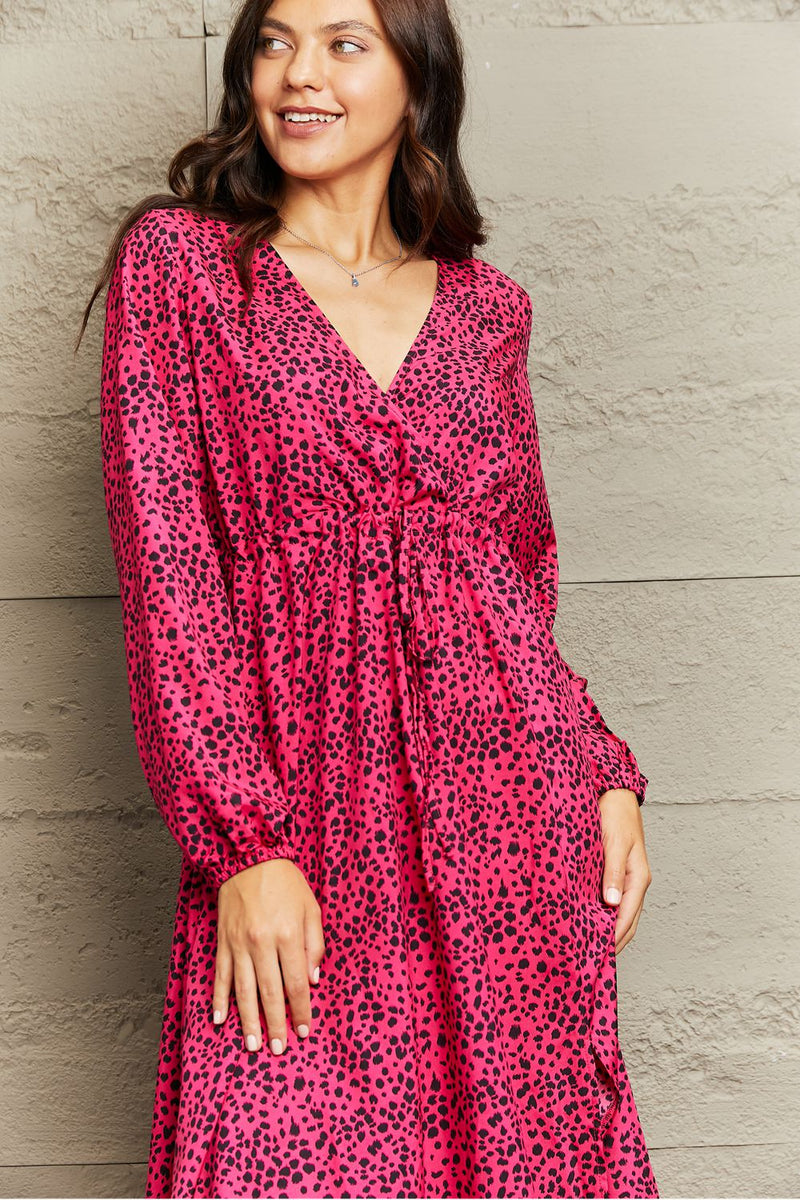 Karter Printed Surplice Neck Long Sleeve Slit Dress