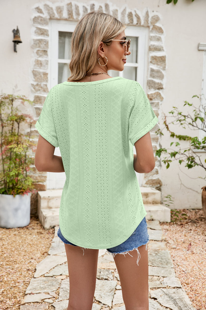 Nala Full Size Round Neck Eyelet Short Sleeve Top