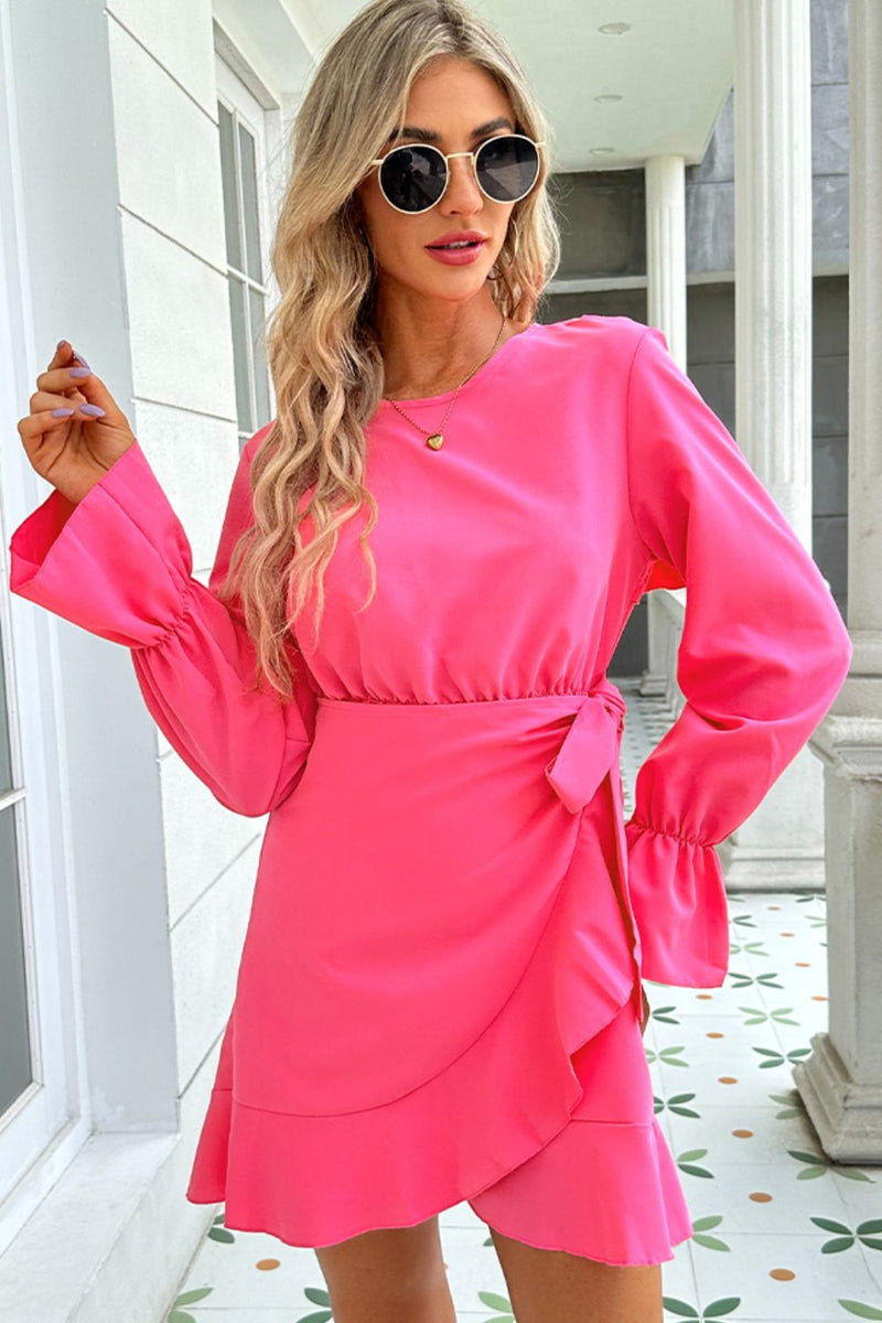 Emberlynn Round Neck Flounce Sleeve Ruffle Hem Mini Dress