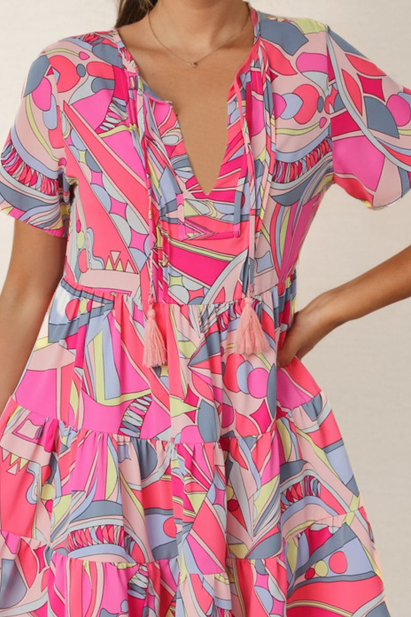 Nellie Multicolored Tie Neck Short Sleeve Tiered Dress