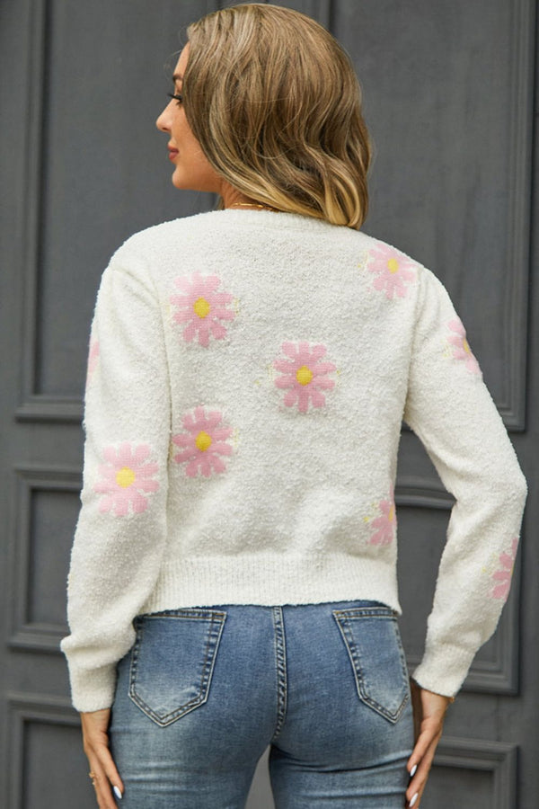 Adelaide Flower Pattern Round Neck Short Sleeve Pullover Sweater
