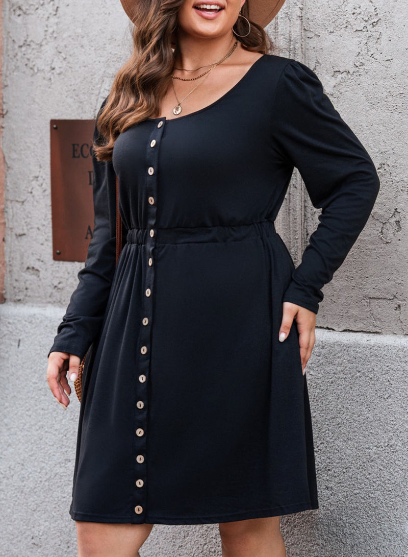 Darcy Plus Size Button Front Elastic Waist Long Sleeve Dress