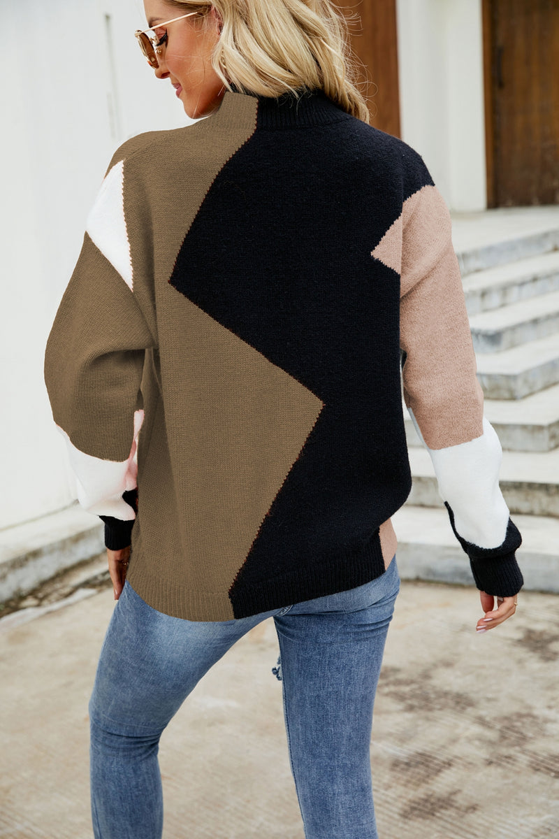 Amari Color Block Mock Neck Ribbed Trim Sweater