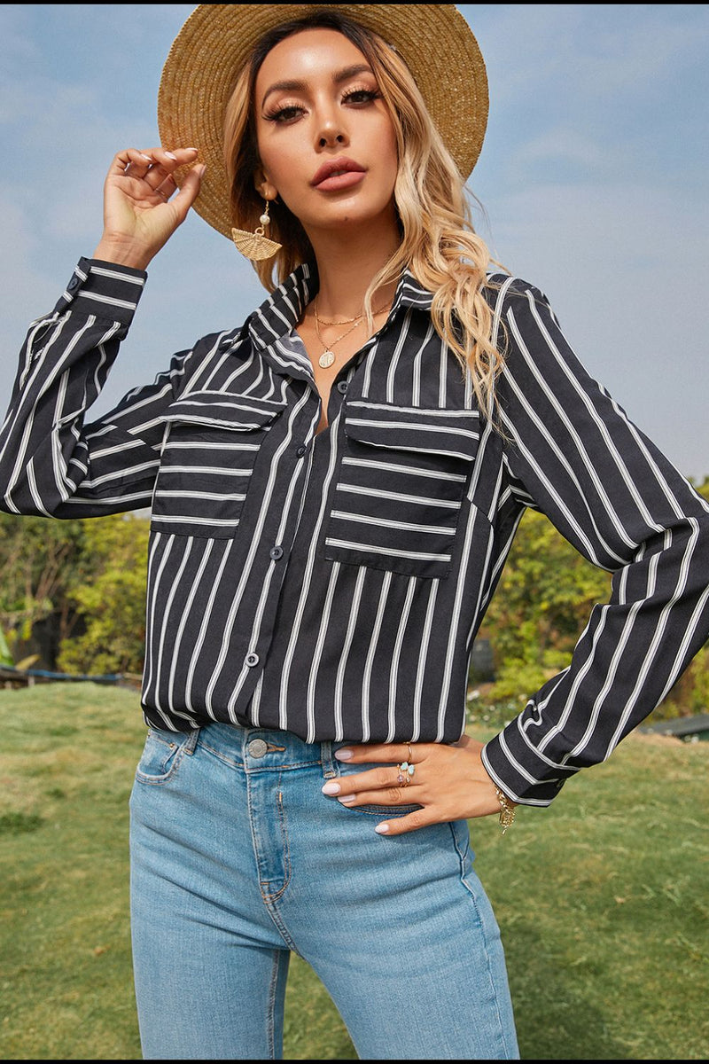 Paris Collared Neck Striped Long Sleeve Shirt