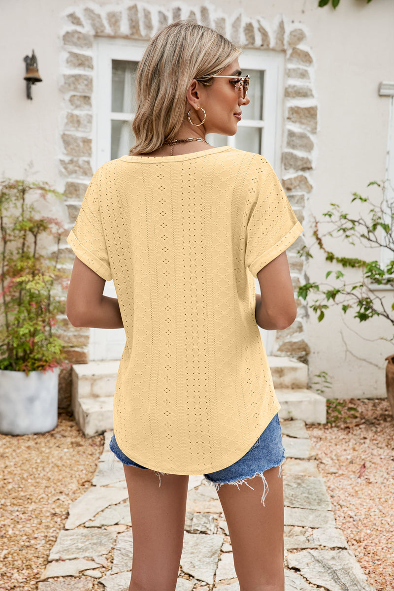 Nala Full Size Round Neck Eyelet Short Sleeve Top