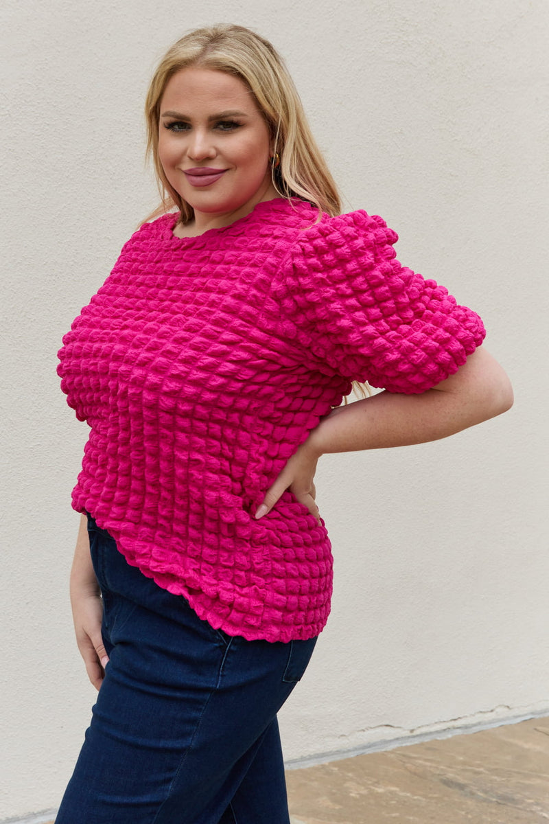 Iris Full Size Bubble Textured Puff Sleeve Top