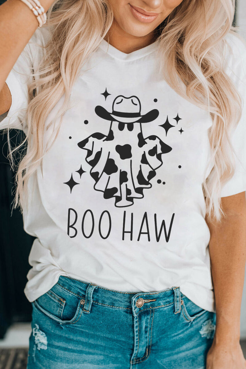 Leanna V-Neck Short Sleeve BOO HAW Ghost Graphic T-Shirt