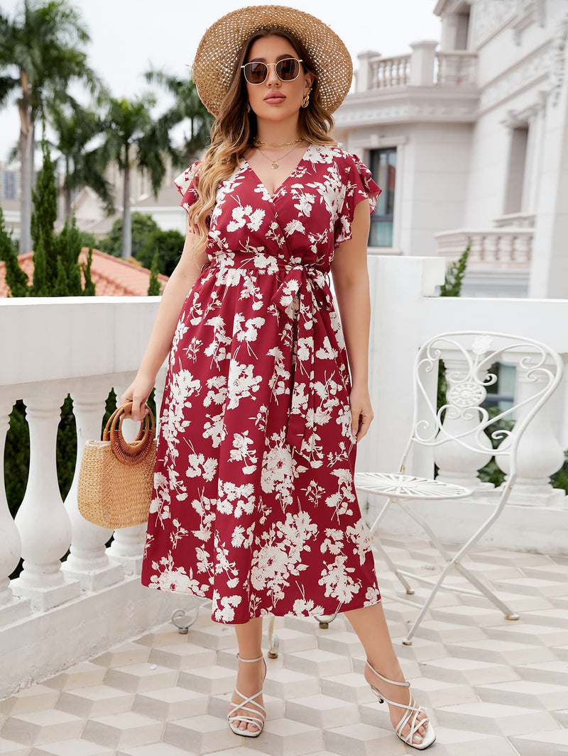 Michaela Plus Size Floral Tie Waist Surplice Neck Midi Dress