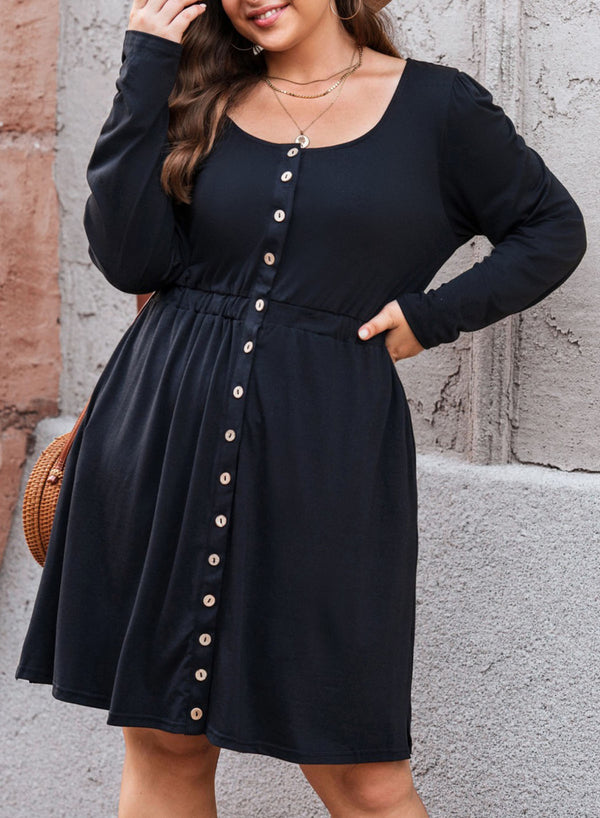 Darcy Plus Size Button Front Elastic Waist Long Sleeve Dress