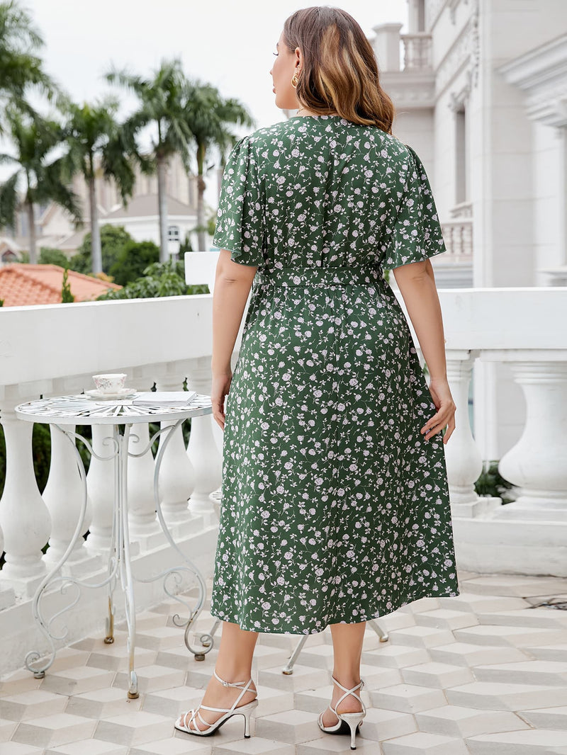 Lina Plus Size Floral Surplice Tie Waist Dress