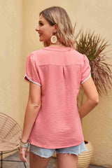 Clementine Contrast Trim Pom-Pom Detail Notched Neck Blouse