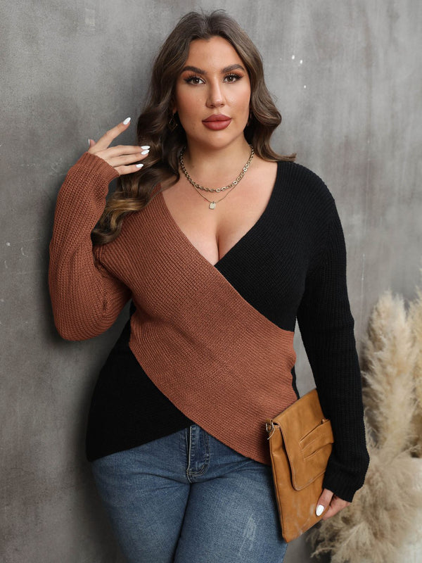 Winter Plus Size Two-Tone Surplice Neck Sweater