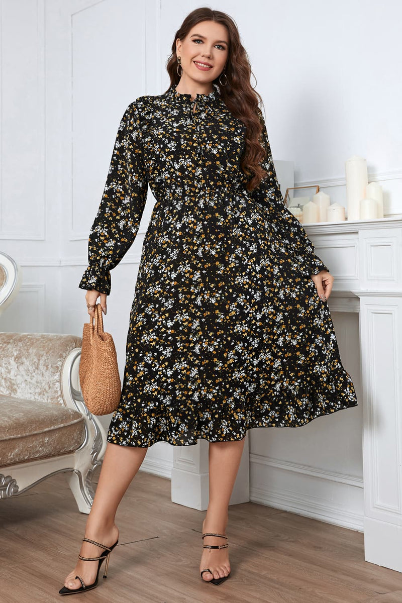 Nicola Plus Size Floral Flounce Sleeve Midi Dress