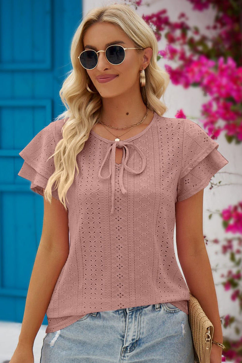 Beatrix Tie-Neck Flutter Sleeve Blouse