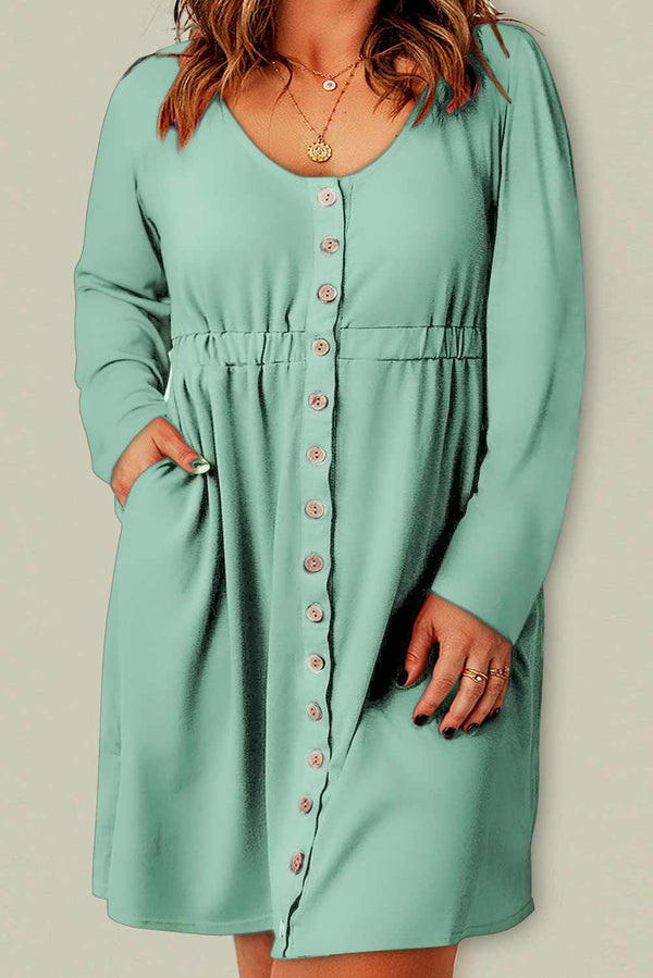 Darcy Plus Size Button Front Elastic Waist Long Sleeve Dress