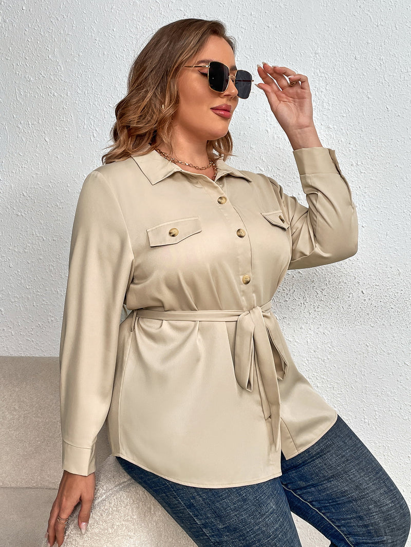 Dulce Plus Size Tie Belt Long Sleeve Shirt