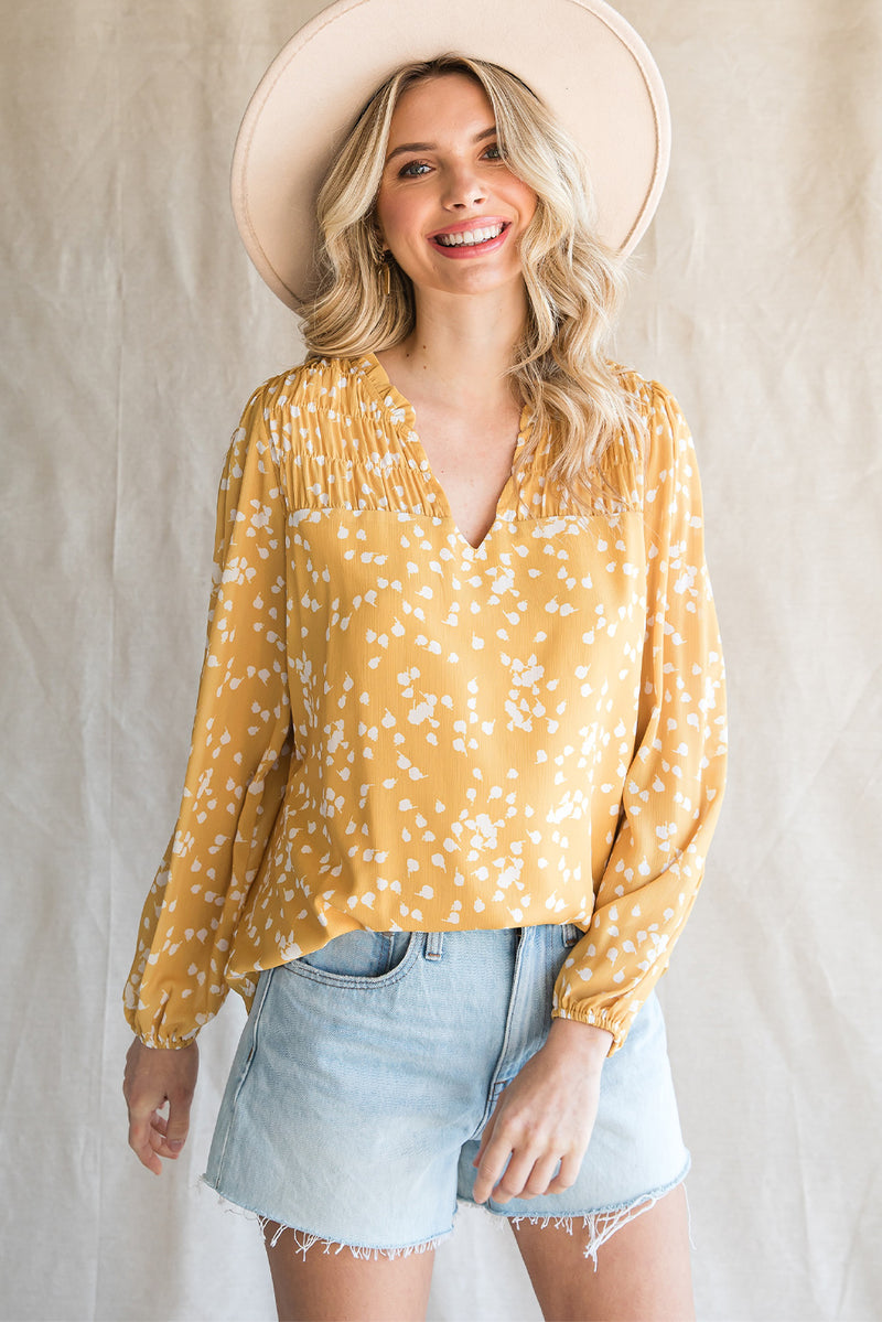 Frances Printed Notched Neck Smocked Blouse