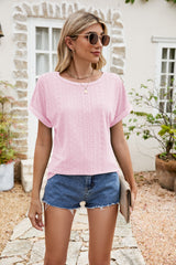 Nala Full Size Round Neck Eyelet Short Sleeve Top