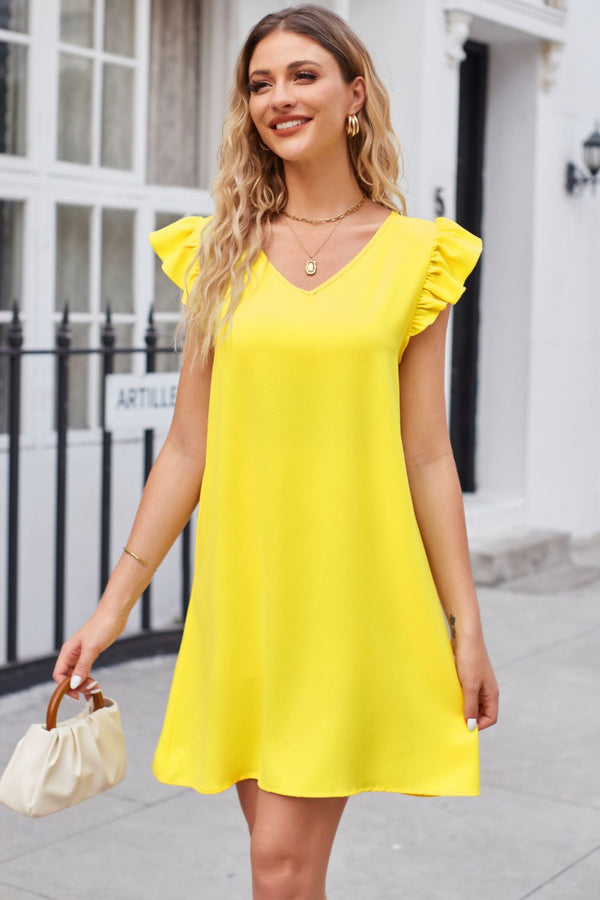 Zora Ruffled V-Neck Flutter Sleeve Dress