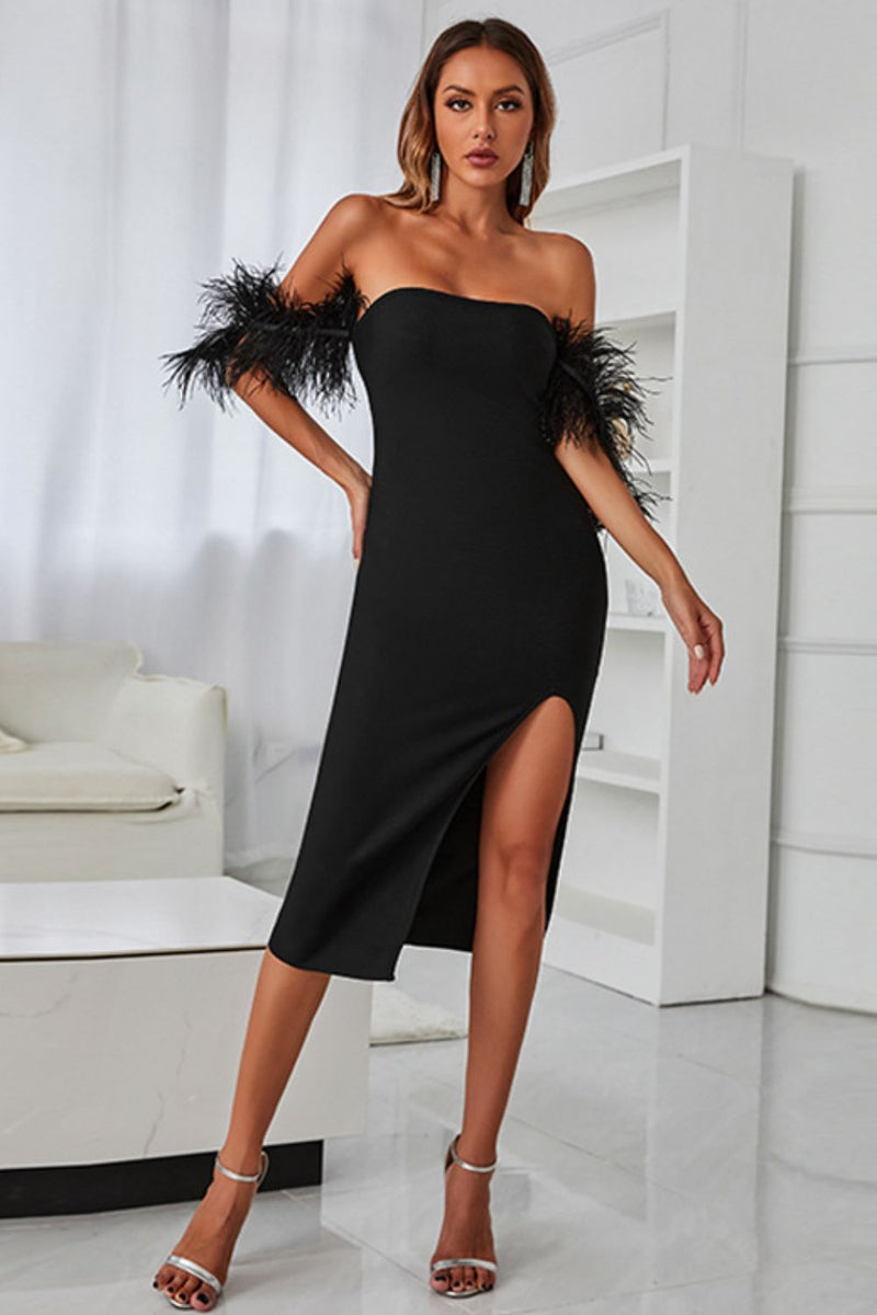 River Feather Trim Off-Shoulder Slit Bandage Dress